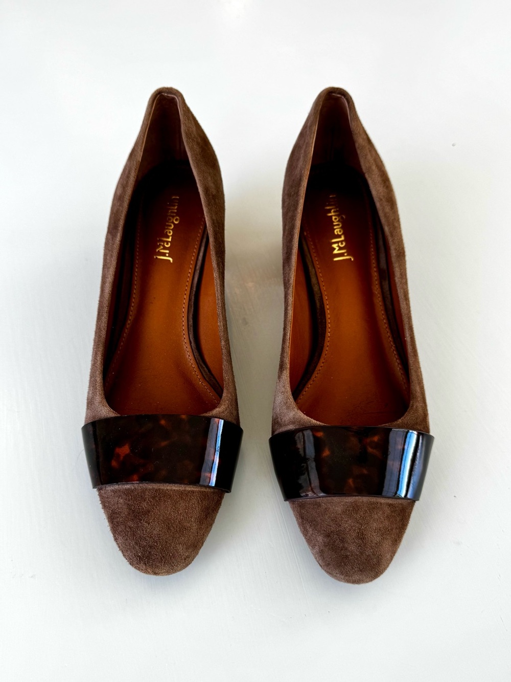 J. McLaughlin Ciara Brown Suede Tortoise Cap Toe Block Heel Pumps 7.5
